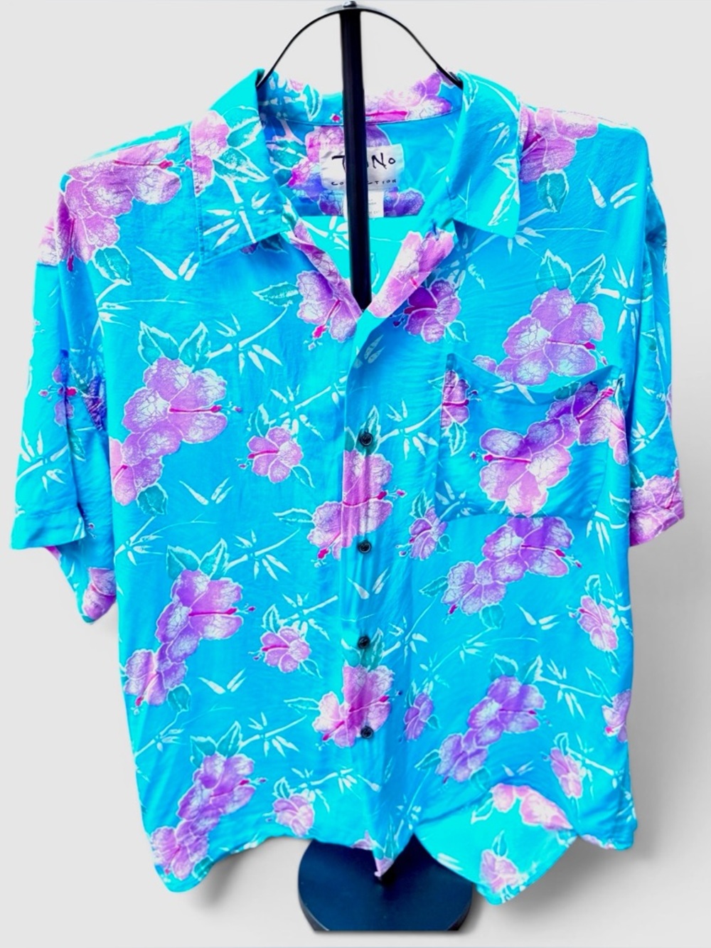 Vintage 100% Silk Tropical Shirt Medium Floral Hawaiian Teal Purple Button Up